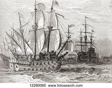 Stock Image - 16th century sailing ships. From The Century Edition of Cassell's History of England, published 1901.. Fotosearch