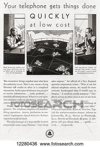 Stock Photograph - 1930's American advertisement for long distance telephone calls. From The Literary Digest, published 1931.. Fotosearch