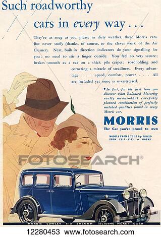 Stock Image - 1934 advertisement for a Morris Cowley Six Saloon Sliding Head car.. Fotosearch