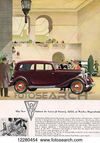 Picture - 1934 advertisement for The New Ford two doors V-8 Saloon de Luxe.. Fotosearch