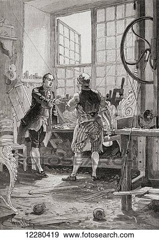 Stock Photo - A carpenter and his client in an 18th century French carpenter's workshop. From Histoire de France, published c. 1880. Fotosearch