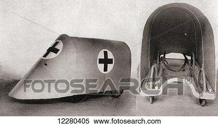 Stock Photography - A Fort for moving the wounded in. A bullet proof stretcher cover for rescuing the wounded and the stretcher bearers between trenches during World War One. From The Illustrated War News, published 1915.. Fotosearch