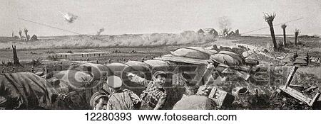 Stock Image - A gas attack on the 2nd Lancashire Fusiliers during The Second Battle of Ypres, West Flanders, Belgium in 1915 during World War One. From Deeds That Thrill The Empire, published 1919.. Fotosearch