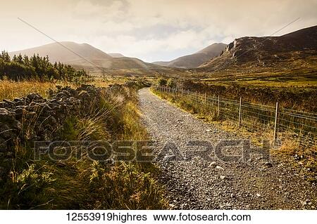 Stock Photograph - A gravel trail leads through a mountainous landscape at sunrise, Brandy Pad, Mourne Wall, Spellack, County Down, Ireland. Fotosearch