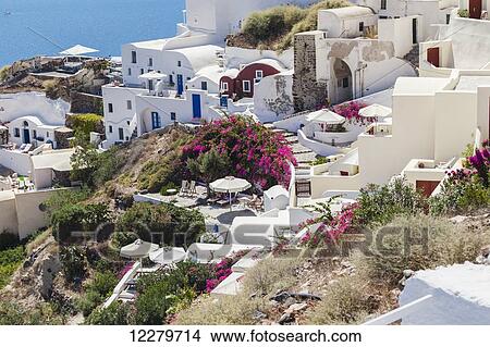 Picture - A hillside view of the villas and gardens in the village of Oia; Oia, Santorini, Cyclades, Greece. Fotosearch