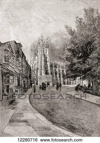 Stock Photograph - A late 19th century drawing of Canterbury Cathedral, from Christchurch Gateway. From The Century Magazine, published 1887.. Fotosearch