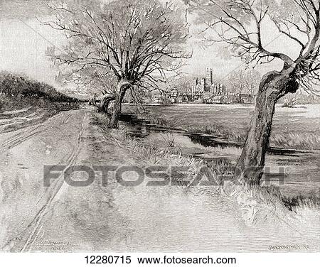 Stock Photography - A late 19th century drawing of Canterbury Cathedral, from the south west, at sunset. From The Century Magazine, published 1887.. Fotosearch