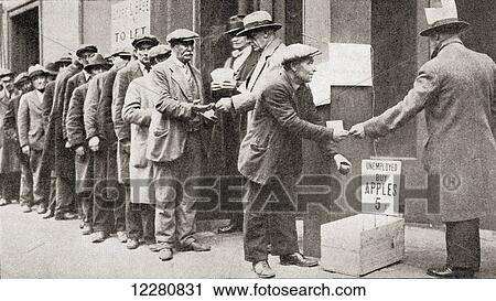 Stock Image - A line of unemployed men buy apples for 5 cents during the Great Depression of America. From The Literary Digest, published 1930.. Fotosearch