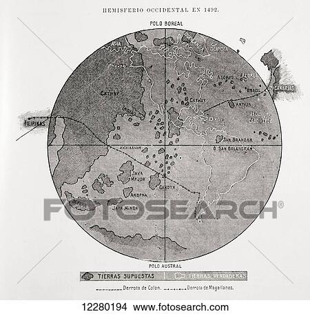 Picture - A map of the western hemisphere in 1492. From La Ilustracion Española y Americana, published 1892.. Fotosearch
