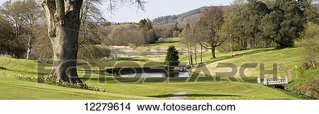 A small pond and stream with footbridge in a lush park; Dumfries, Scotland View Large Photo Image Picture - A small pond and stream with footbridge in a lush park; Dumfries, Scotland. Fotosearch