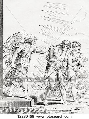 Stock Photo - Adam and Eve driven out of Paradise. From a 19th century print after the painting by Raphael Sanzio da Urbino. Fotosearch