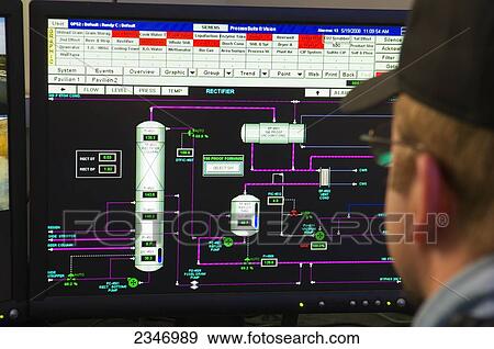 Stock Photo - Agriculture - Ethanol production plant. A worker observing a computer LCD screen that monitors the operations throughout the plant / Iowa, USA.. Fotosearch