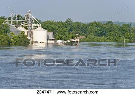 Stock Image - Agriculture - Grain terminal flooded by the Mississippi River flood of 2011 / near Greenville, Mississippi, USA.. Fotosearch