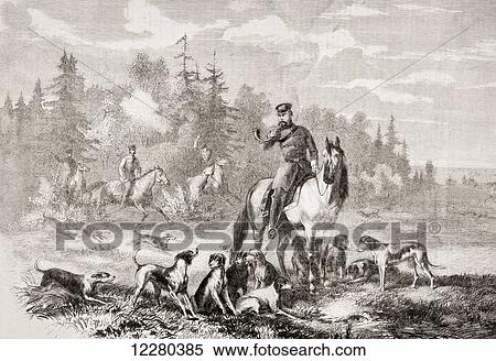 Stock Photography - Alexander II hunting wolves near St. Petersburg, Russia in the late 19th century. Alexander II, 1818 –1881. Emperor of Russia. From L'Univers Illustre, published 1866.. Fotosearch