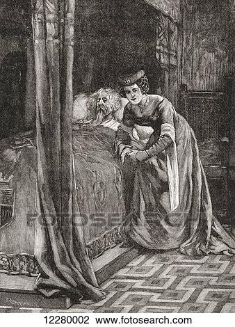 Stock Image - Alice Ferrers at the deathbed of EdwardIII. Alice Perrers, 1348 – 1400. Royal mistress of King Edward III of England and lady-in-waiting to Edward's consort, Philippa of Hainault. From Cassell's History of England, published c. 1901. Fotosearch