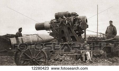 Stock Image - An Austrian giant siege-howitzer and its shell, used during World War One. From The Illustrated War News, published 1915.. Fotosearch