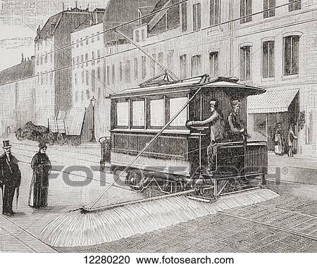 Stock Image - An electric tram used for cleaning the streets in Spain in the 19th century. From La Ilustracion Española y Americana, published 1892.. Fotosearch