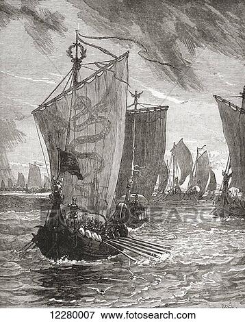 Stock Photo - Anlaff entering the Humber in the 10th century. Amlaíb mac Sitriuc, aka Anlaff, Amhlaeibh, son of Sitric, or Olaf Sigtryggsson. Son of the Hiberno-Norse King of Dublin, Sigtrygg Silkbeard. From Cassell's History of England, published c. 1901. Fotosearch