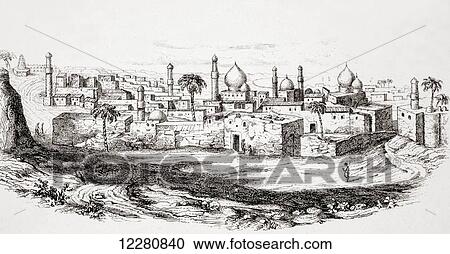 Stock Image - Baghdad, Iraq, after a mid-19th century illustration. From L'Histoire Universelle Ancienne et Moderne, published in Strasbourg circa 1860.. Fotosearch