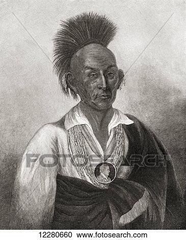 Stock Image - Black Hawk, born Ma-ka-tai-me-she-kia-kiak, 1767 –1 838. War leader and warrior of the Sauk American Indian Tribe. From The Century Magazine, published 1887.. Fotosearch