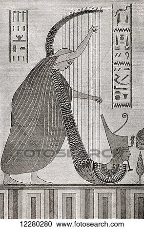 Stock Image - Blind Harpist playing harp with the Red Crown of Lower Egypt. After the drawing by James Bruce from a mural in the tomb of Pharoah Ramses III, Valley of the Kings, Egypt. From Kunstgeschichte In Bildern, published 1902.. Fotosearch