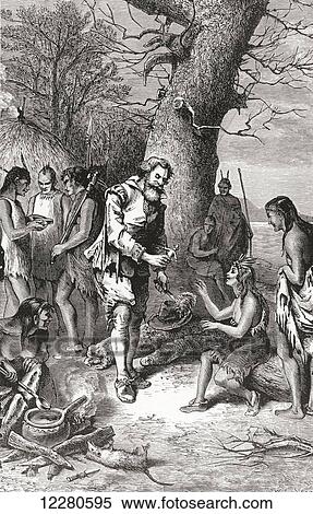 Stock Photography - Captain John Smith a captive among the Indians. John Smith, 1580 – 1631, Admiral of New England. English soldier, explorer and author. From The History of Our Country, published 1899. Fotosearch