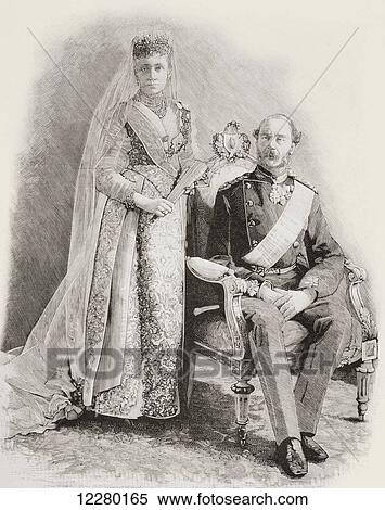 Stock Photography - Christian IX, 1818 – 1906. King of Denmark, pictured here with his wife Louise of Hesse-Kassel, 1817 – 1898, on the celebration of their golden wedding anniversary. From La Ilustracion Española y Americana, published 1892.. Fotosearch