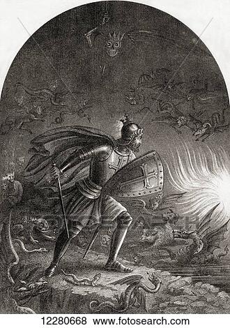 Stock Photo - Christian passing the Valley of the Shadow of Death. From The Pilgrim's Progress by John Bunyan. 19th century print.. Fotosearch