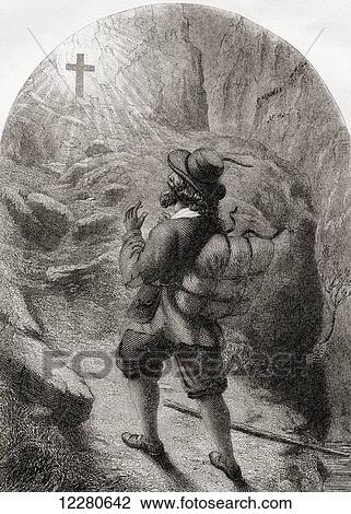 Stock Image - Christian relieved of his burden. From The Pilgrim's Progress by John Bunyan. 19th century print.. Fotosearch