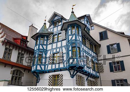 Stock Photograph - Colourful and unique facade of a building in Switzerland; St. Gallen, St. Gallen, Switzerland. Fotosearch