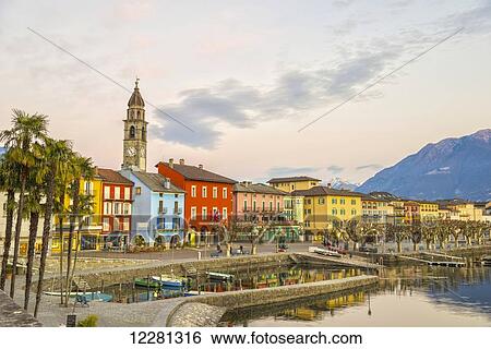 Colourful buildings along the waterfront of Lake Maggiore; Ascona, Ticino, Switzerland View Large Photo Image Stock Photograph - Colourful buildings along the waterfront of Lake Maggiore; Ascona, Ticino, Switzerland. Fotosearch