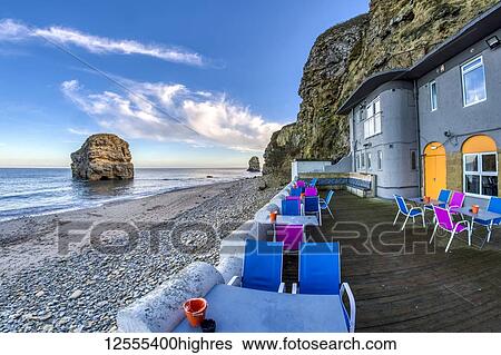 Stock Photograph - Colourful restaurant patio along the Atlantic coast; South Shields, Tyne and Wear, England. Fotosearch