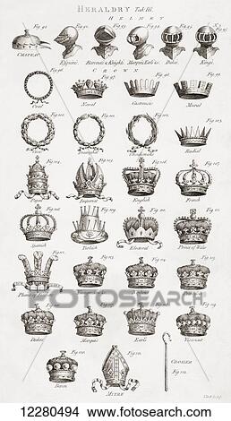 Picture - Crowns, coronets and helmets. From an 18th century print. Fotosearch