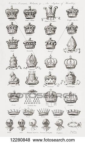 Stock Photo - Crowns, coronets and helmets. From an 18th century print. Fotosearch