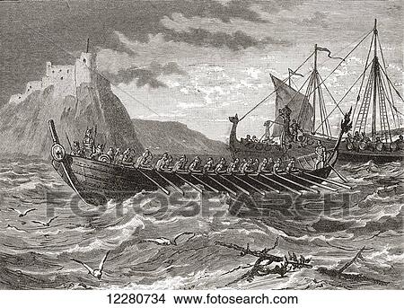 Picture - Danish ships in the 1st century. From Cassell's History of England, published c. 1901. Fotosearch