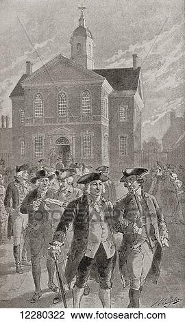 Stock Image - Delegates leaving Carpenter's Hall, Philadelphia, Pennsylvania, after a session. From The History of Our Country, published 1900.. Fotosearch