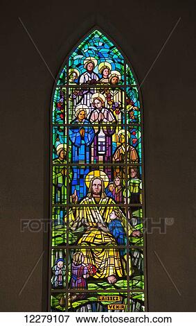 Stock Photo - Detail of stained glass windows of Saint-Michel Basilica-Cathedral; Sherbrooke, Quebec, Canada. Fotosearch