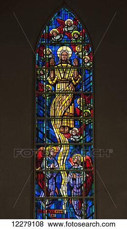 Stock Photo - Detail of stained glass windows of Saint-Michel Basilica-Cathedral; Sherbrooke, Quebec, Canada. Fotosearch