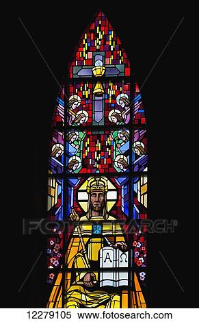 Stock Photography - Detail of stained glass windows of Saint-Michel Basilica-Cathedral; Sherbrooke, Quebec, Canada. Fotosearch