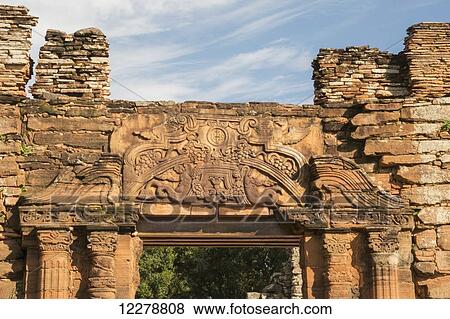 Stock Photo - Details of artwork in the stone of the ruins of a Jesuit mission; Missiones, Argentina. Fotosearch