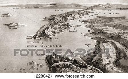 Stock Photo - Drawing indicating the great Gate-Forcing movement by British and French warships and the defences at The Dardanelles during World War One. From The Illustrated War News, published 1915.. Fotosearch