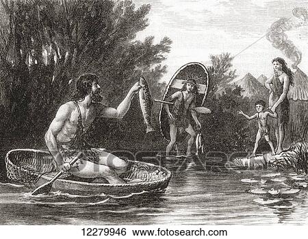 Stock Photograph - Early Briton fishing from a coracle, a small lightweight boat, in the first century. From Cassell's History of England, published c. 1901. Fotosearch