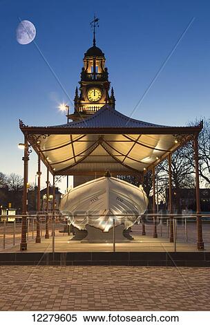 Stock Photography - Edwardian Town Hall at dusk with the moon in the sky; South Shields, Tyne and Wear, England. Fotosearch