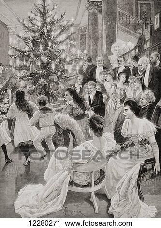 Stock Image - English customs in the 19th century. The Christmas Tree. From La Ilustracion Española y Americana, published 1892.. Fotosearch