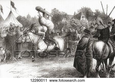 Stock Image - English merry making in the 14th century. Tilting at the Quintain, also called Pavo. From Cassell's History of England, published c. 1901. Fotosearch