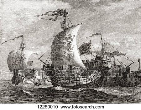 Stock Image - English ships in the 14th century. From Cassell's History of England, published c. 1901. Fotosearch