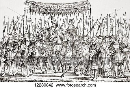 Stock Image - Entry into Bologna in 1530 of Charles Fifth and Pope Clement VII where the Pope would crown Charles as Holy Roman Emperor. From L'Histoire Universelle Ancienne et Moderne, published in Strasbourg circa 1860.. Fotosearch