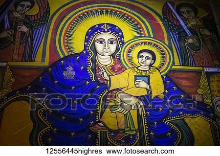 Ethiopian Orthodox ecclesiastical mural, depicting the Virgin and Child, in the interior of the Cathedral of Tsion Maryam (Our Lady Mary of Zion), built during the reign of Emperor Fasilides; Axum, Tigray Region, Ethiopia View Large Photo Image Stock Photograph - Ethiopian Orthodox ecclesiastical mural, depicting the Virgin and Child, in the interior of the Cathedral of Tsion Maryam (Our Lady Mary of Zion), built during the reign of Emperor Fasilides; Axum, Tigray Region, Ethiopia. Fotosearch