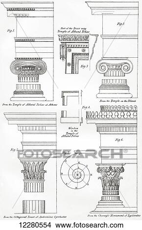 Examples of Ionic (top) and Corinthian (bottom) orders in Greek architecture. From The National Encyclopaedia, published c. 1890 View Large Photo Image Picture - Examples of Ionic (top) and Corinthian (bottom) orders in Greek architecture. From The National Encyclopaedia, published c. 1890. Fotosearch