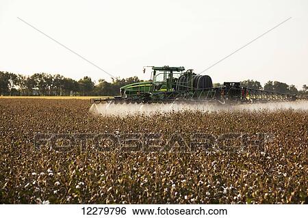 Stock Photograph - Farmer's rig applying harvest aid product; England, Arkansas, United States of America. Fotosearch